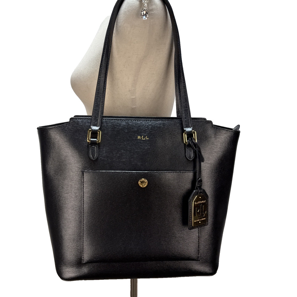 Ralph Lauren Newbury Modern Pocket Tote Shoulder Bag Black Textured Leather